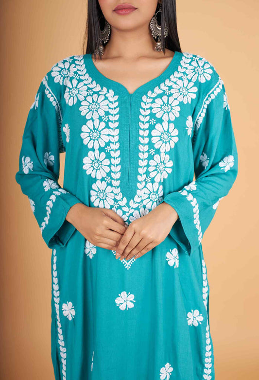 Arsh Handcrafted Peacock Blue Salab Cotton Chikankari Kurti - arshchikan
