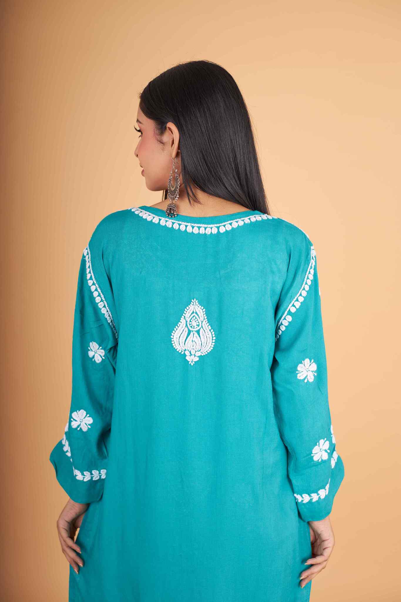 Arsh Handcrafted Peacock Blue Salab Cotton Chikankari Kurti - arshchikan