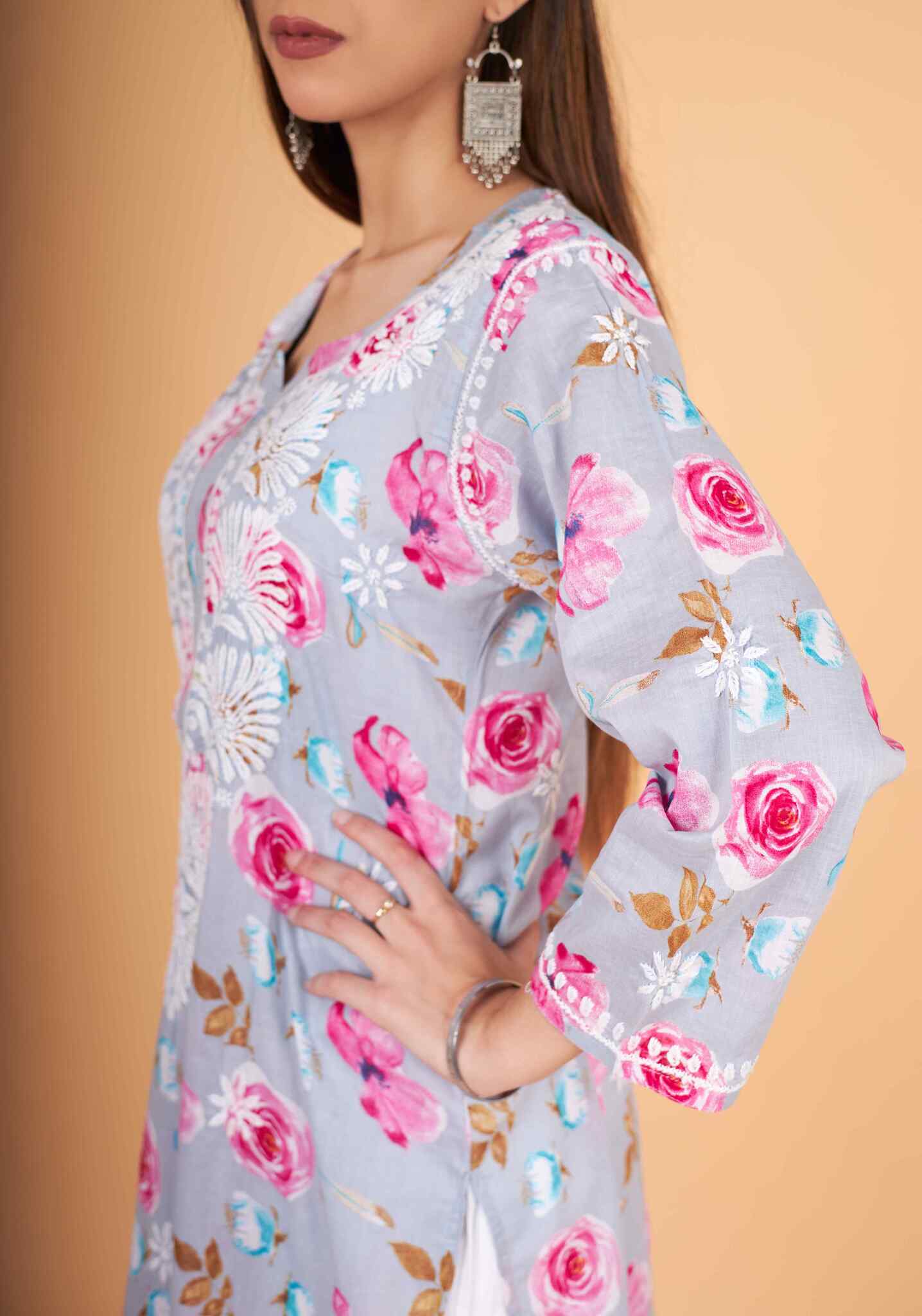 Arsh Handcrafted MulMul Cotton Printed Chikankari Kurti - arshchikan