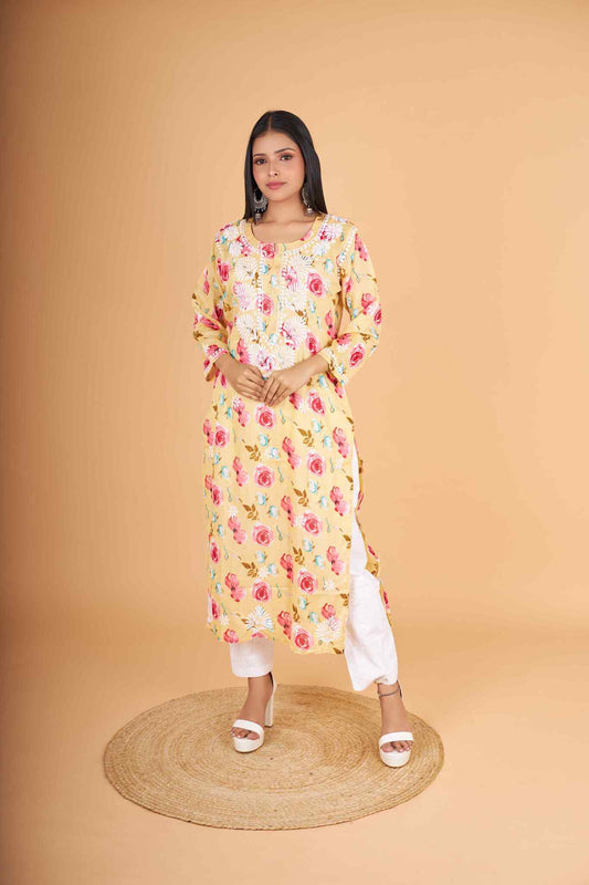 Arsh Handcrafted MulMul Cotton Printed Chikankari Kurti - arshchikan