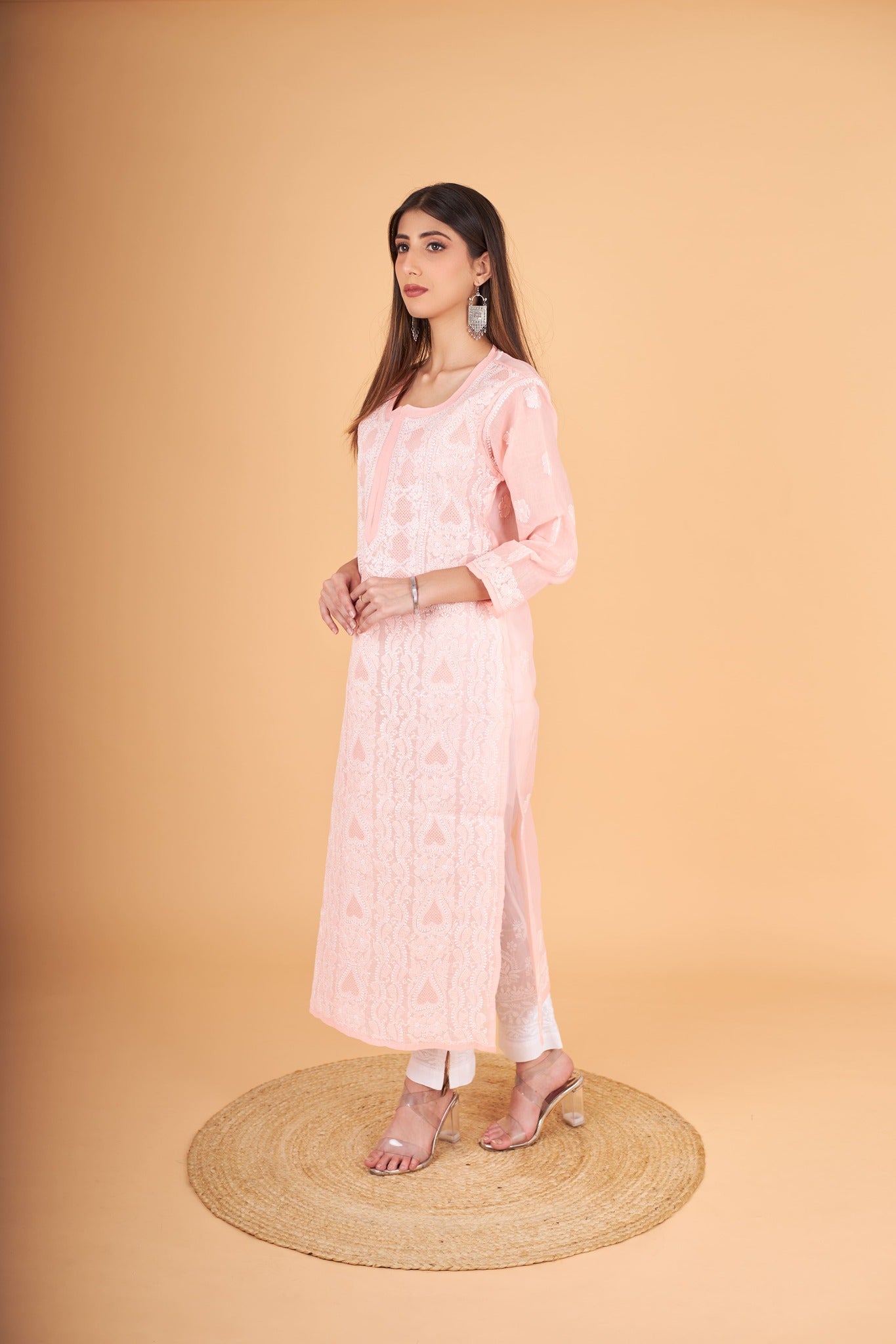 Arsh Handcrafted Peach Front Jaal with hanmade Jaali Kurti - arshchikan