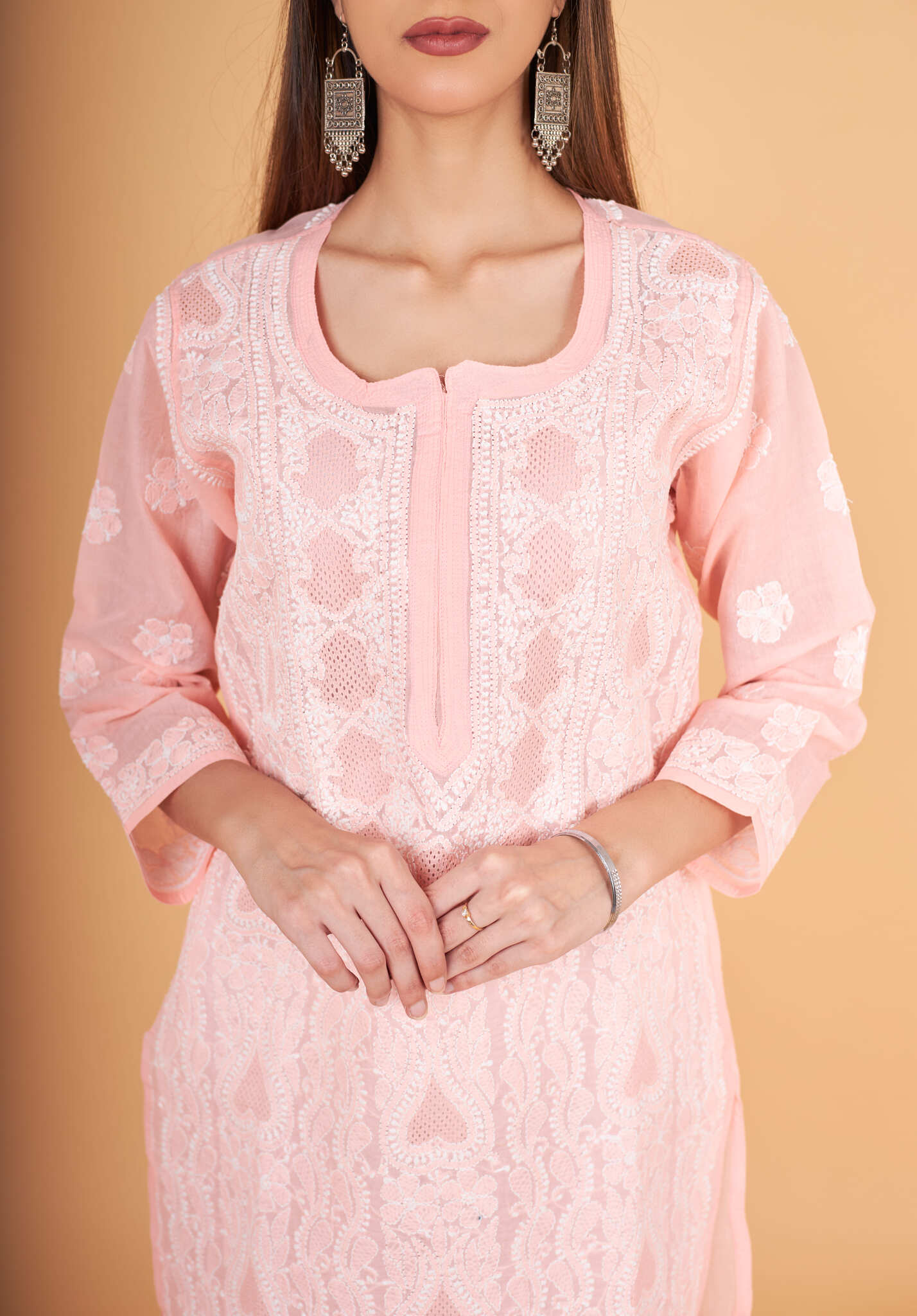 Arsh Handcrafted Peach Front Jaal with hanmade Jaali Kurti - arshchikan