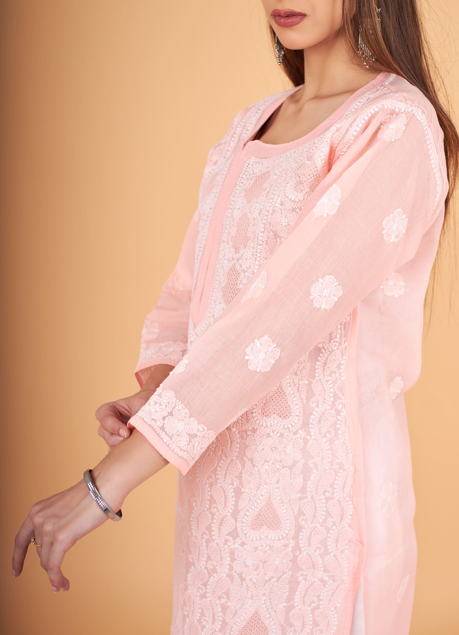 Arsh Handcrafted Peach Front Jaal with hanmade Jaali Kurti - arshchikan