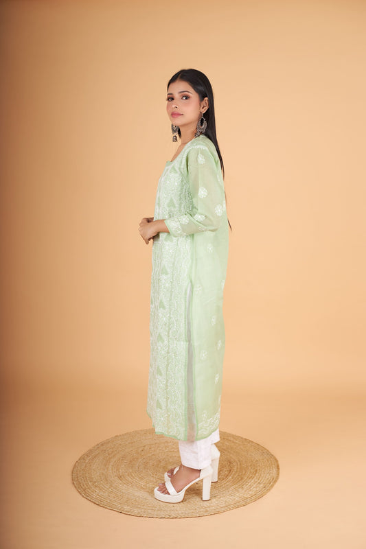 Arsh Handcrafted Forest Green Front Jaal with hanmade Jaali Kurti - arshchikan