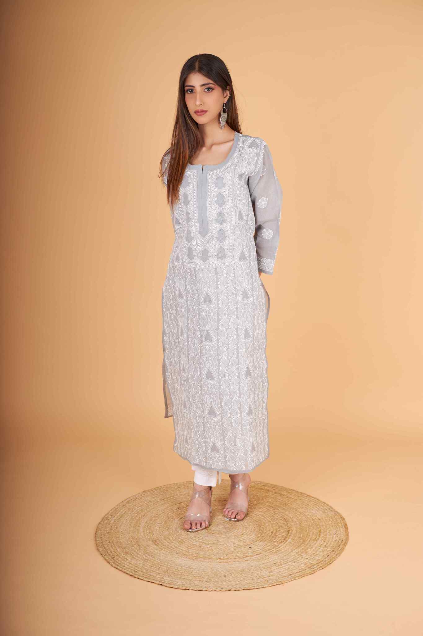 Arsh Handcrafted Grey Front Jaal with handmade Jaali Chikankari Kurti - arshchikan