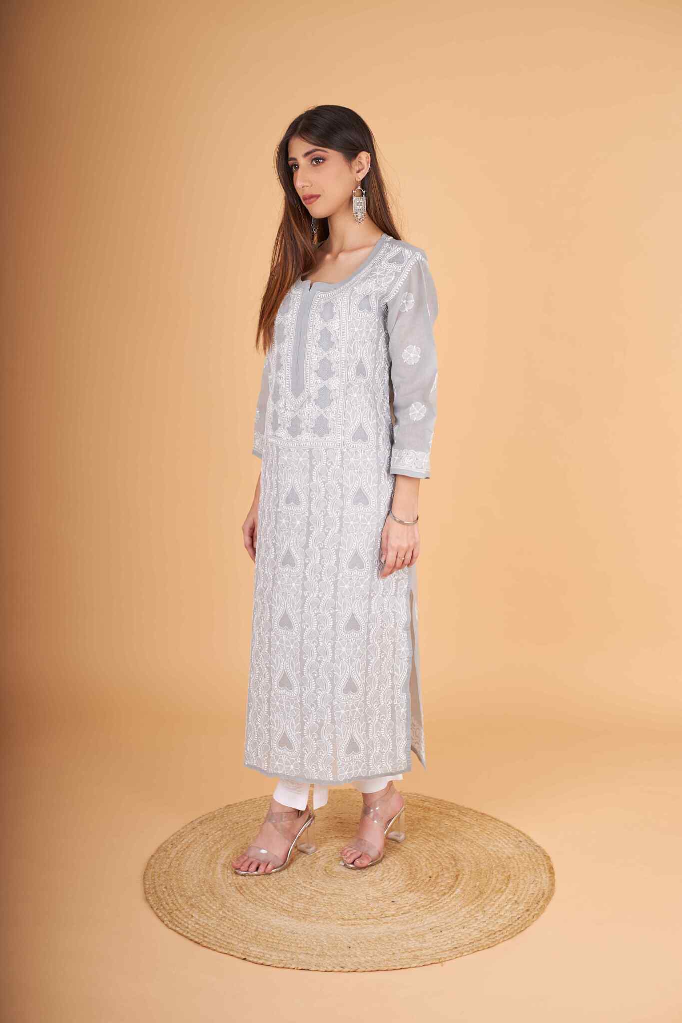 Arsh Handcrafted Grey Front Jaal with handmade Jaali Chikankari Kurti - arshchikan