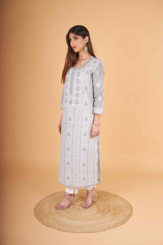 Arsh Handcrafted Grey Front Jaal with handmade Jaali Chikankari Kurti - arshchikan