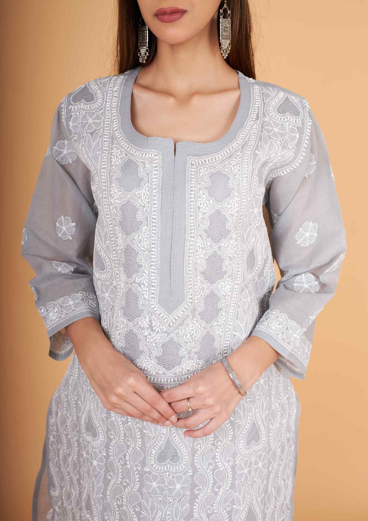 Arsh Handcrafted Grey Front Jaal with handmade Jaali Chikankari Kurti - arshchikan
