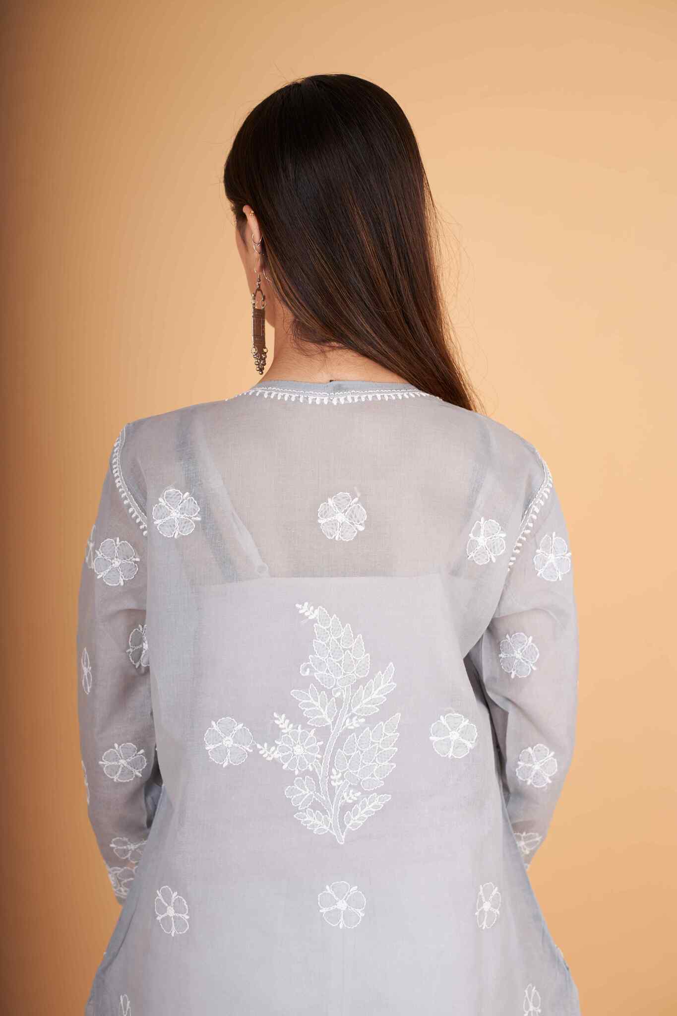 Arsh Handcrafted Grey Front Jaal with handmade Jaali Chikankari Kurti - arshchikan