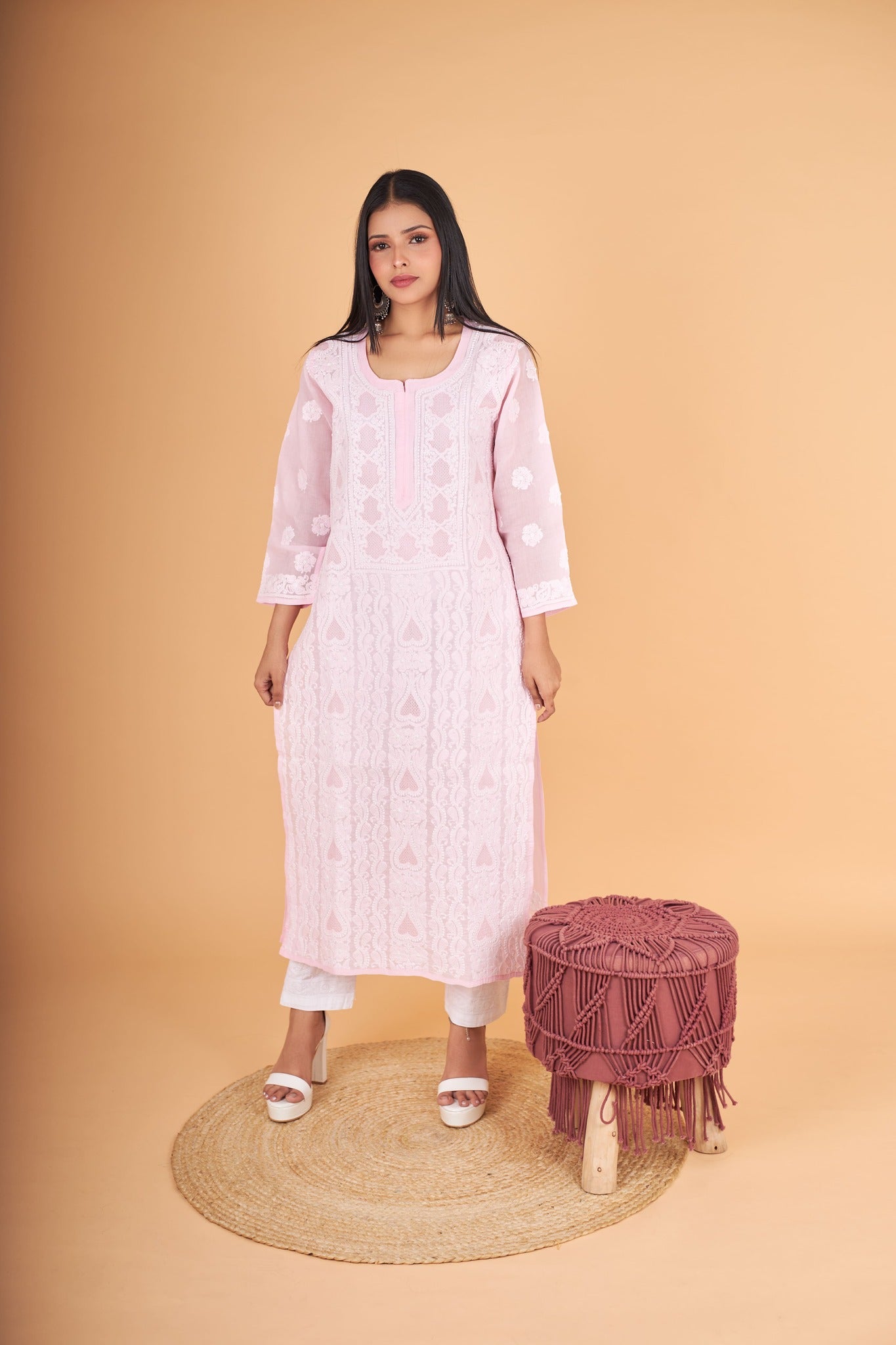 Arsh Handcrafted Baby Pink Front Jaal with handmade Jaali Kurti - arshchikan