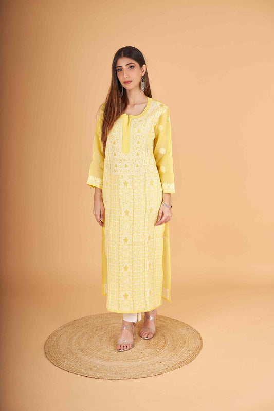 Arsh Handcrafted Pastel Yellow Front Jaal with handmade Jaali Chikankari Kurti - arshchikan