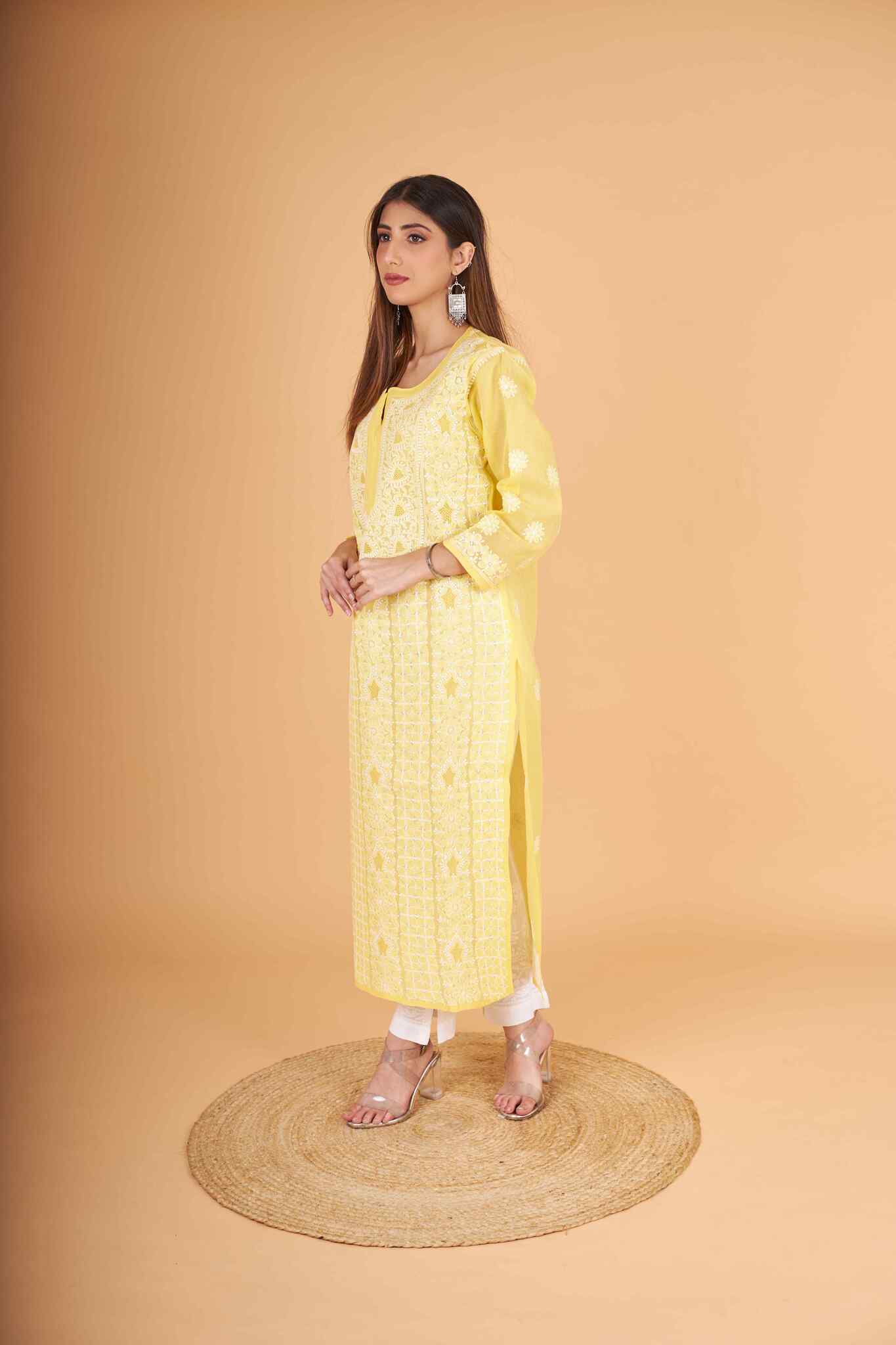 Arsh Handcrafted Pastel Yellow Front Jaal with handmade Jaali Chikankari Kurti - arshchikan
