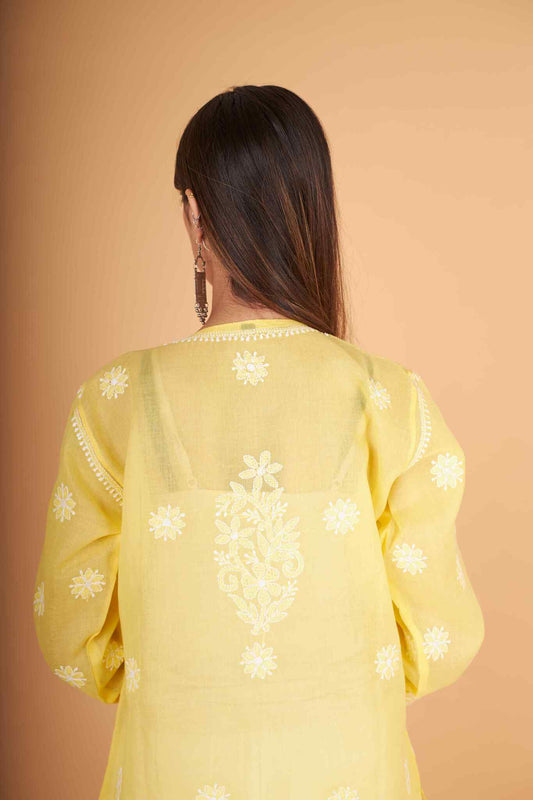 Arsh Handcrafted Pastel Yellow Front Jaal with handmade Jaali Chikankari Kurti - arshchikan