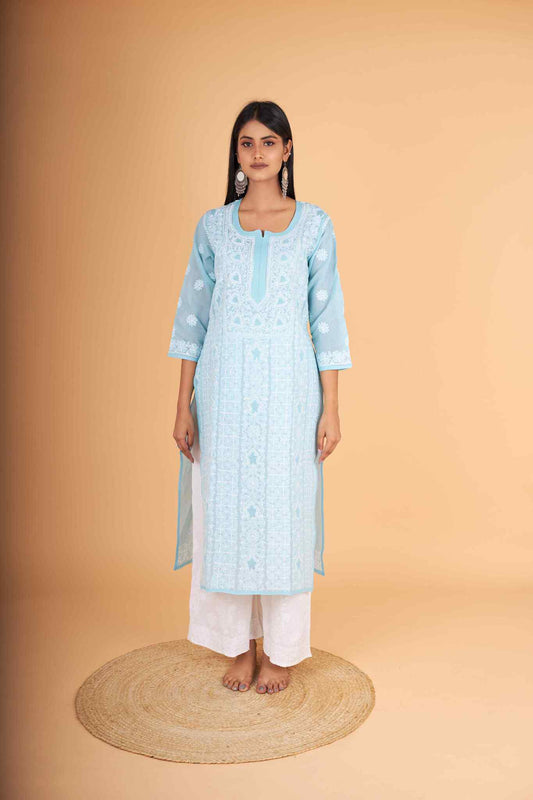 Arsh Handcrafted Blue Front Jaal with handmade Jaali Chikankari Kurti - arshchikan
