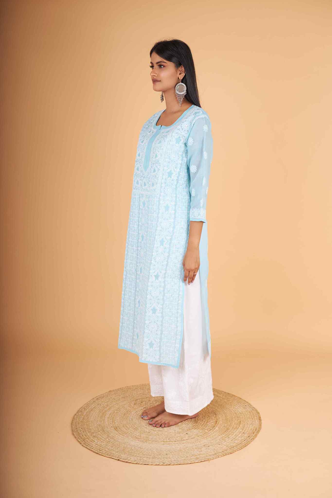 Arsh Handcrafted Blue Front Jaal with handmade Jaali Chikankari Kurti - arshchikan