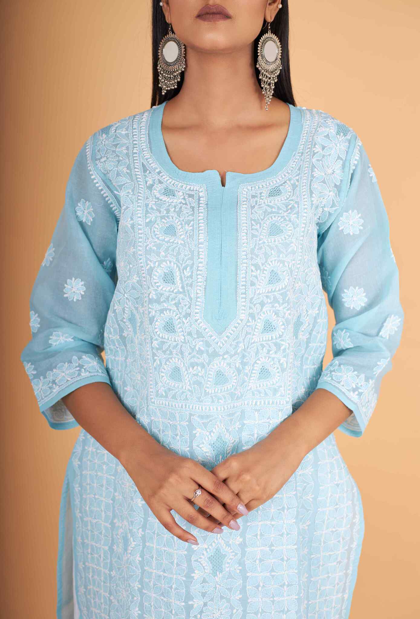 Arsh Handcrafted Blue Front Jaal with handmade Jaali Chikankari Kurti - arshchikan