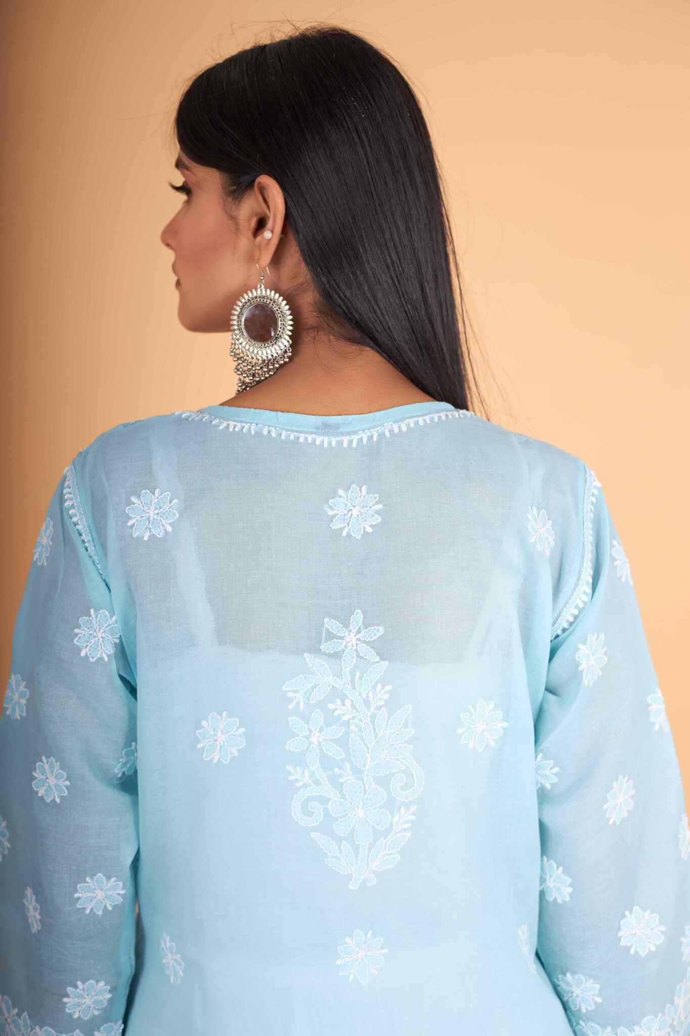 Arsh Handcrafted Blue Front Jaal with handmade Jaali Chikankari Kurti - arshchikan