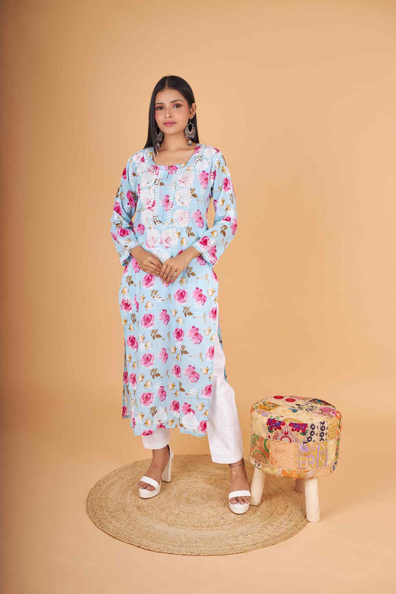 Arsh Handcrafted MulMul Cotton Printed Chikankari Kurti - arshchikan