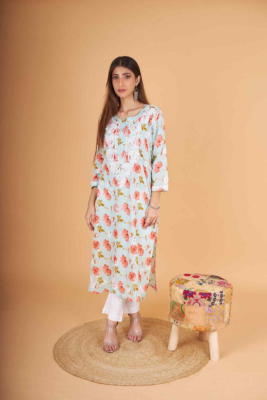 Arsh Handcrafted MulMul Cotton Printed Chikankari Kurti - arshchikan