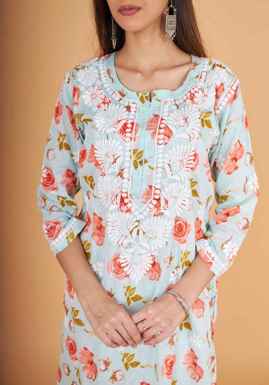 Arsh Handcrafted MulMul Cotton Printed Chikankari Kurti - arshchikan