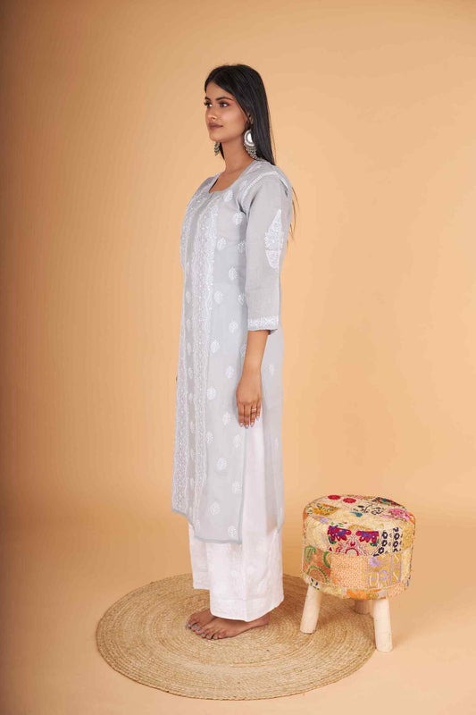 Arsh Handcrafted Grey Pure Cotton Chikan Kurti - arshchikan
