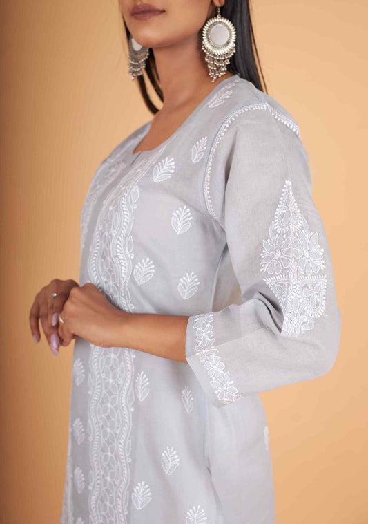 Arsh Handcrafted Grey Pure Cotton Chikan Kurti - arshchikan