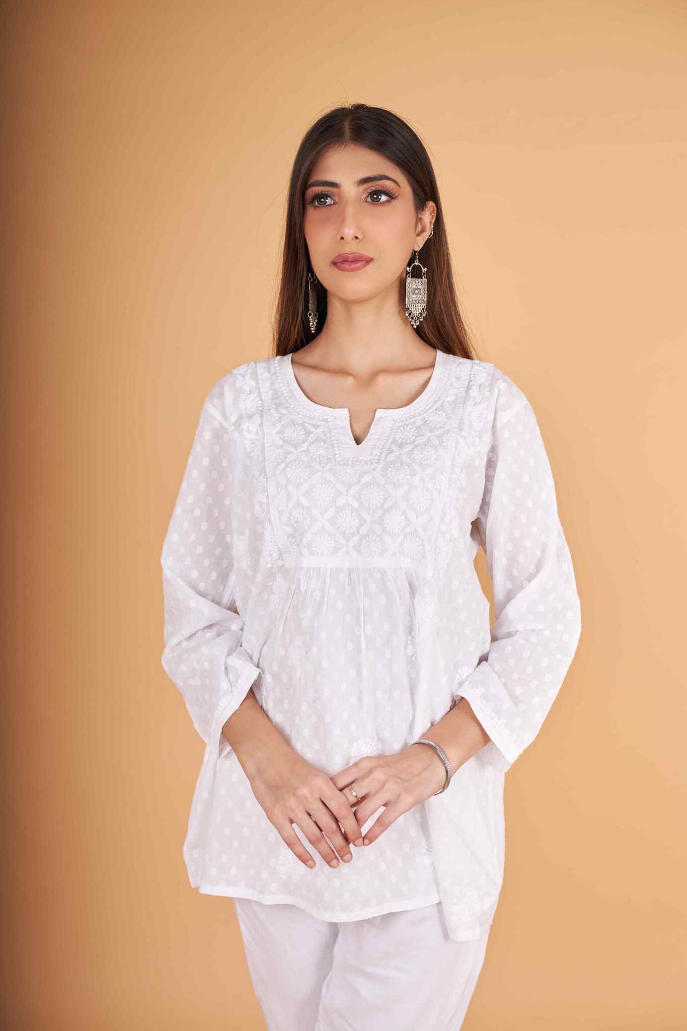 Arsh Handcrafted Dobby Cotton Yog Neck Kangan Keel Chikan Top - arshchikan