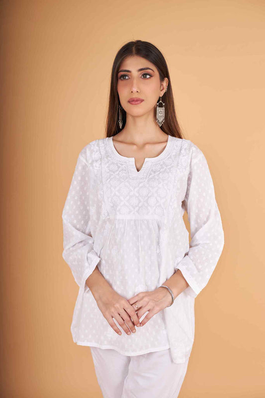 Arsh Handcrafted Dobby Cotton Yog Neck Kangan Keel Chikan Top - arshchikan
