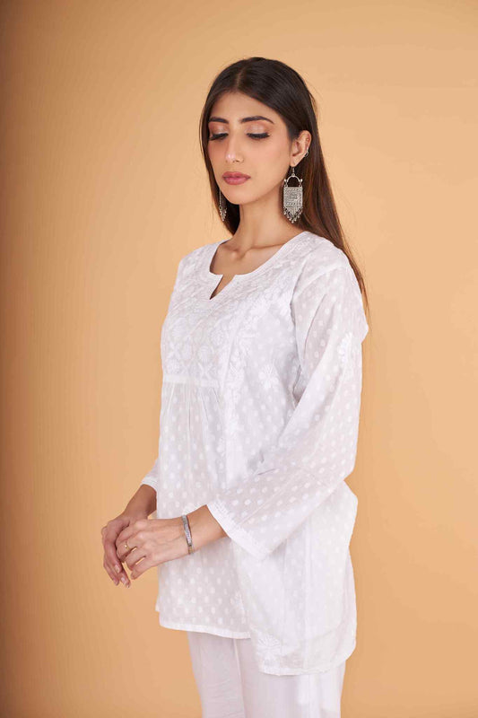 Arsh Handcrafted Dobby Cotton Yog Neck Kangan Keel Chikan Top - arshchikan