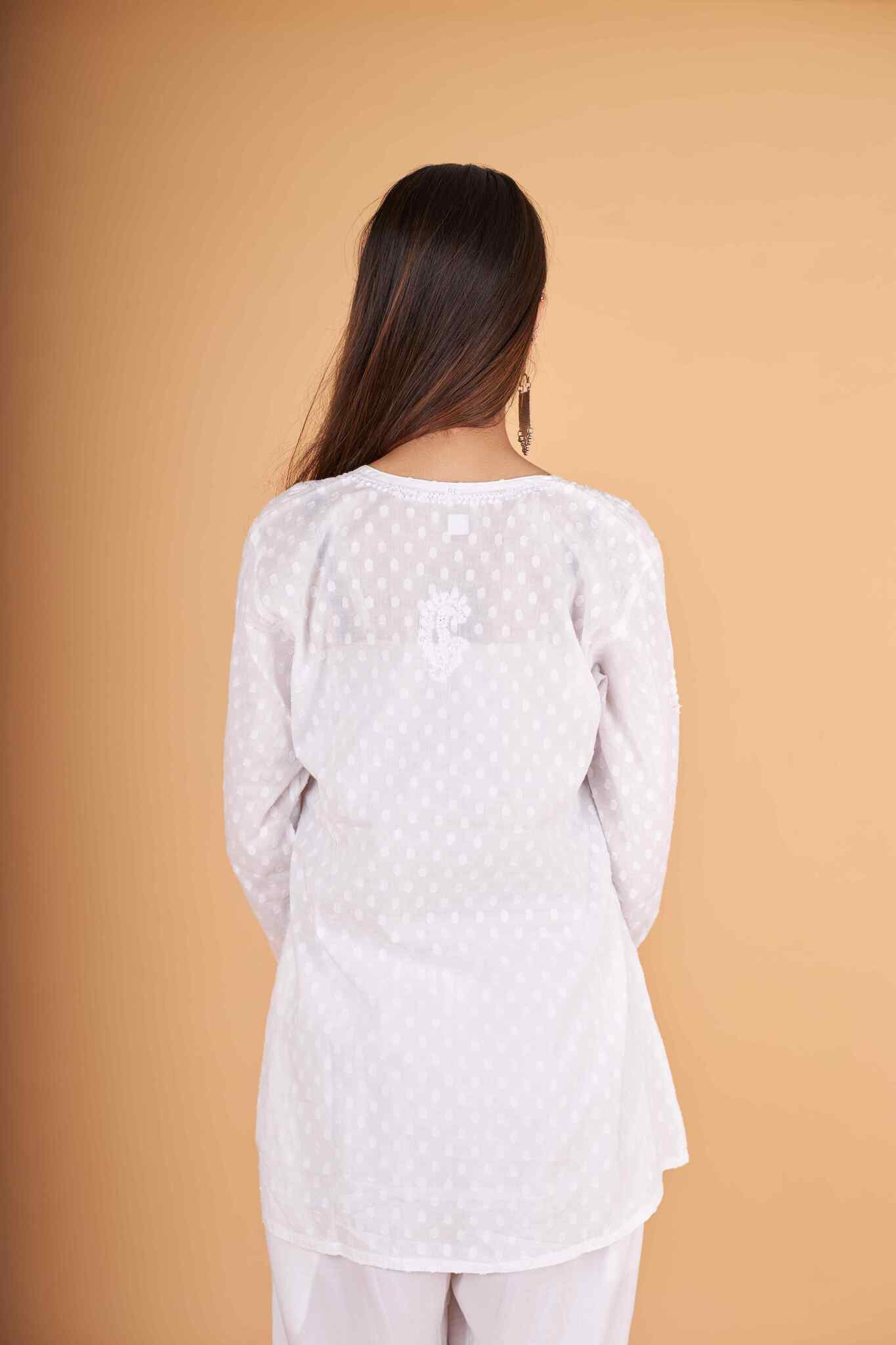 Arsh Handcrafted Dobby Cotton Yog Neck Kangan Keel Chikan Top - arshchikan