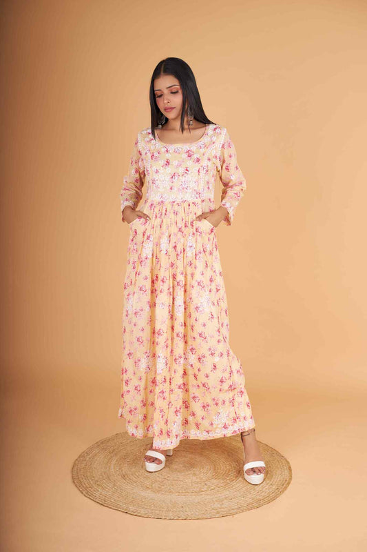 Arsh Handcrafted MulMul Cotton Printed Gown Dress - arshchikan