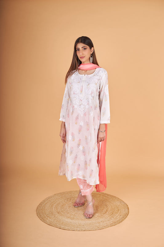 Arsh Handcrafted MulMul Cotton 3pc Kurti, Pant and Dupatta Chikankari Set - arshchikan