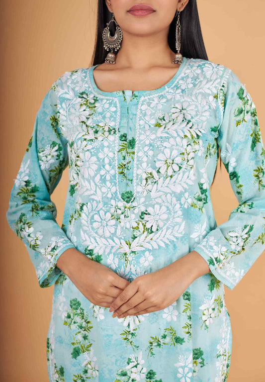 Arsh Handcrafted MulMul Cotton Printed Chikankari Kurti - arshchikan