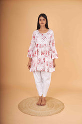 Arsh Handcrafted MulMul Cotton Printed Chikankari Frock Pattern Top - arshchikan