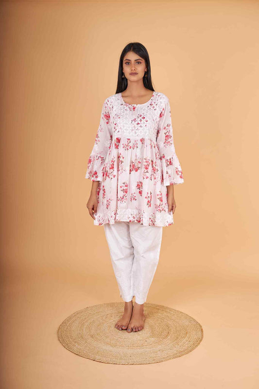 Arsh Handcrafted MulMul Cotton Printed Chikankari Frock Pattern Top - arshchikan