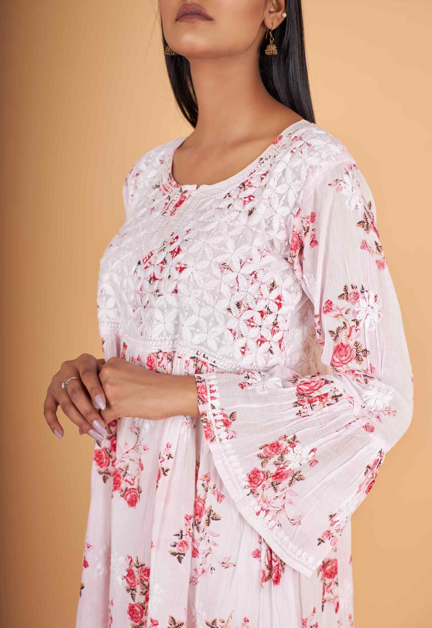 Arsh Handcrafted MulMul Cotton Printed Chikankari Frock Pattern Top - arshchikan