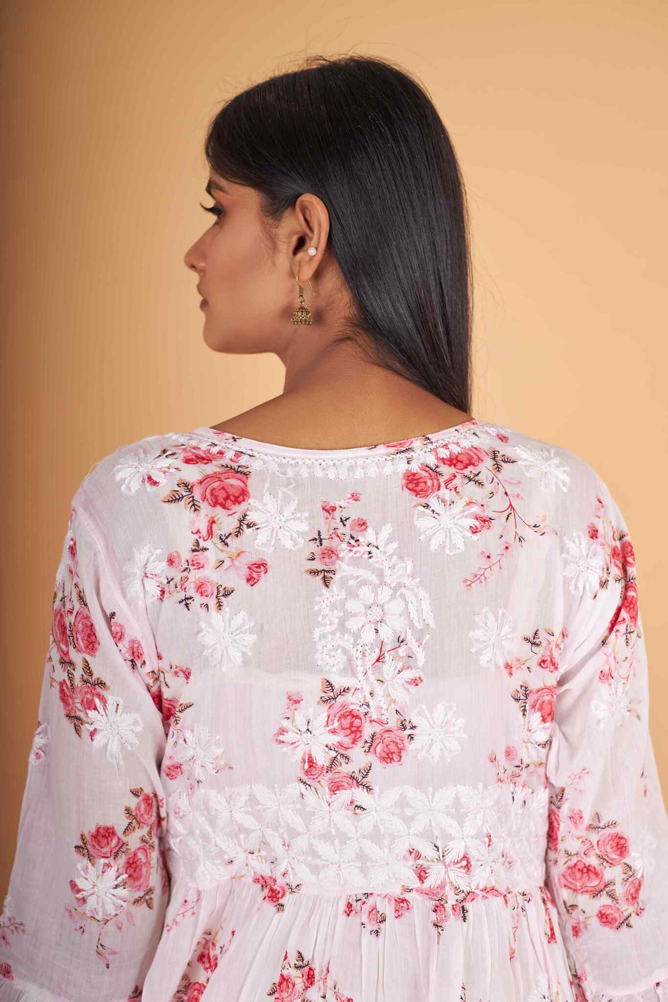 Arsh Handcrafted MulMul Cotton Printed Chikankari Frock Pattern Top - arshchikan