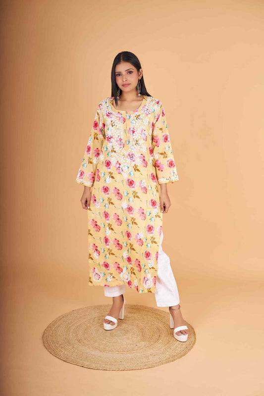 Arsh Handcrafted MulMul Cotton Printed Chikankari Kurti - arshchikan