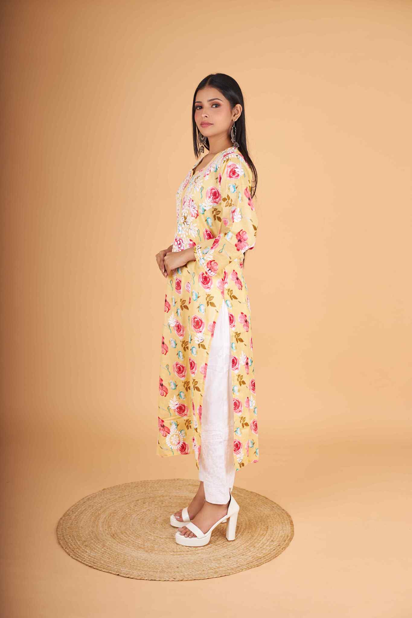 Arsh Handcrafted MulMul Cotton Printed Chikankari Kurti - arshchikan