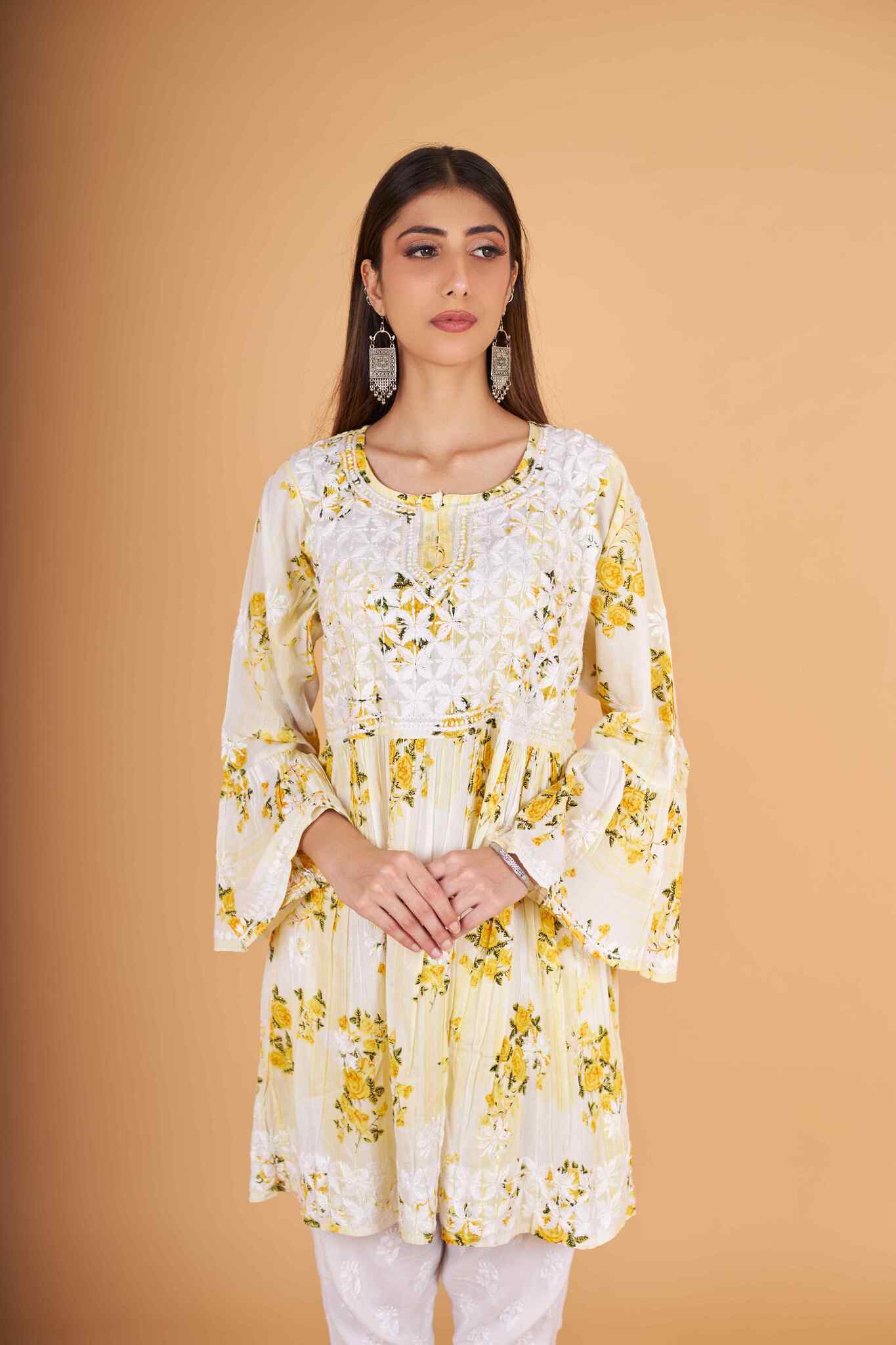 Arsh Handcrafted MulMul Cotton Printed Chikankari Frock Pattern Top - arshchikan