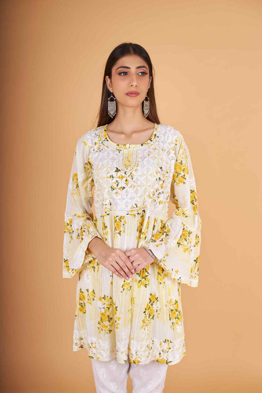 Arsh Handcrafted MulMul Cotton Printed Chikankari Frock Pattern Top - arshchikan