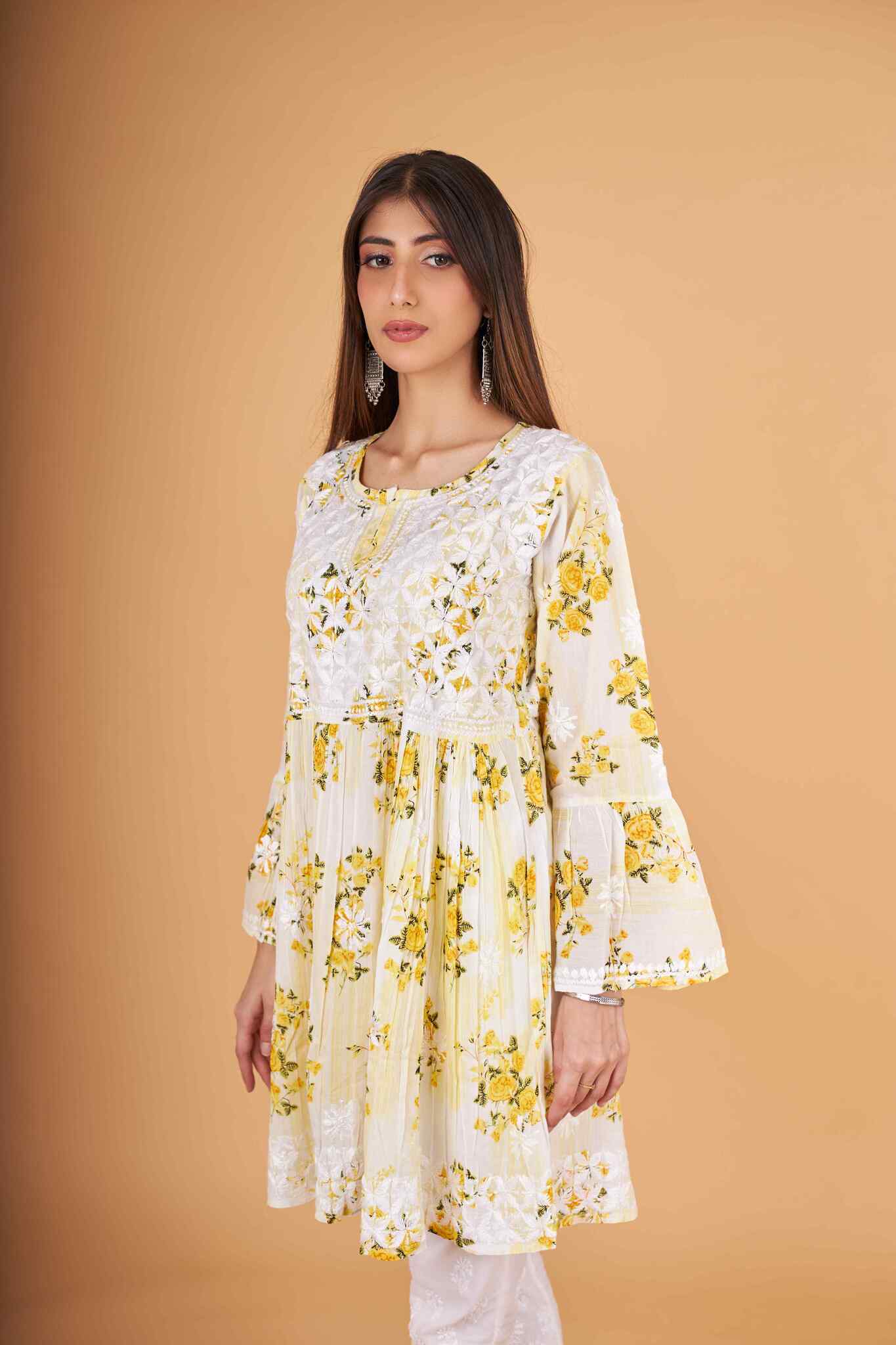 Arsh Handcrafted MulMul Cotton Printed Chikankari Frock Pattern Top - arshchikan