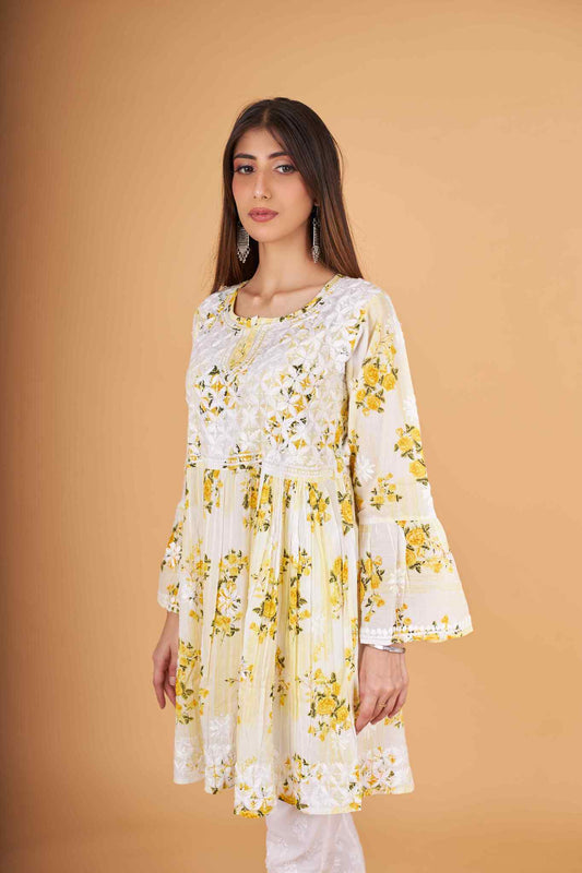 Arsh Handcrafted MulMul Cotton Printed Chikankari Frock Pattern Top - arshchikan