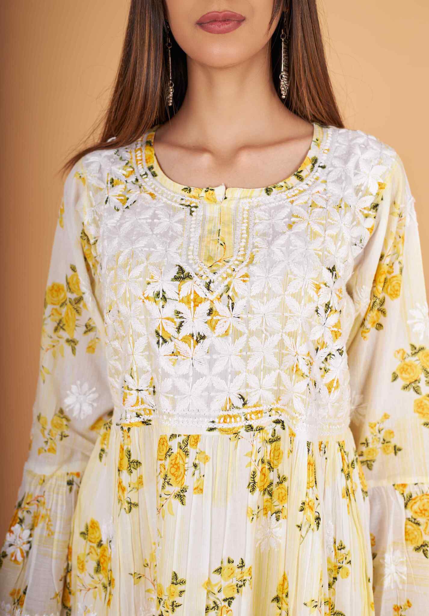 Arsh Handcrafted MulMul Cotton Printed Chikankari Frock Pattern Top - arshchikan