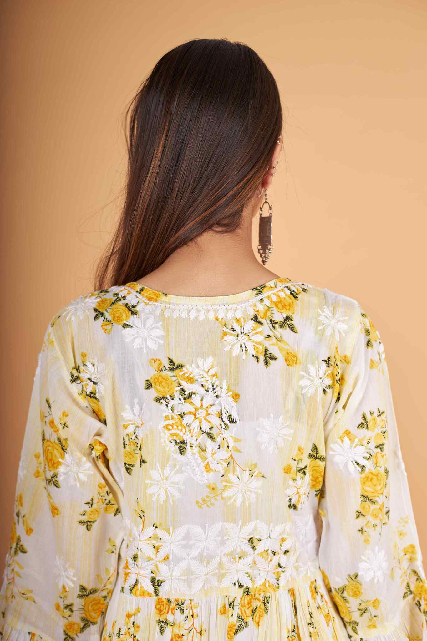 Arsh Handcrafted MulMul Cotton Printed Chikankari Frock Pattern Top - arshchikan