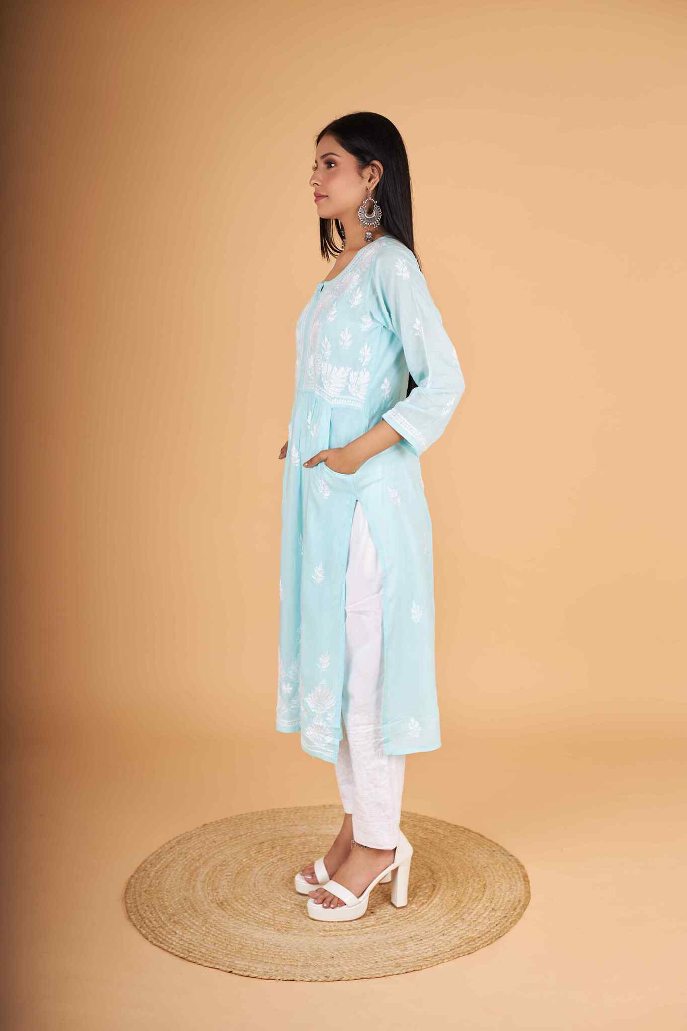 Arsh Handcrafted Sea Green Modal Chikankari Front Pocket Gown Dress - arshchikan