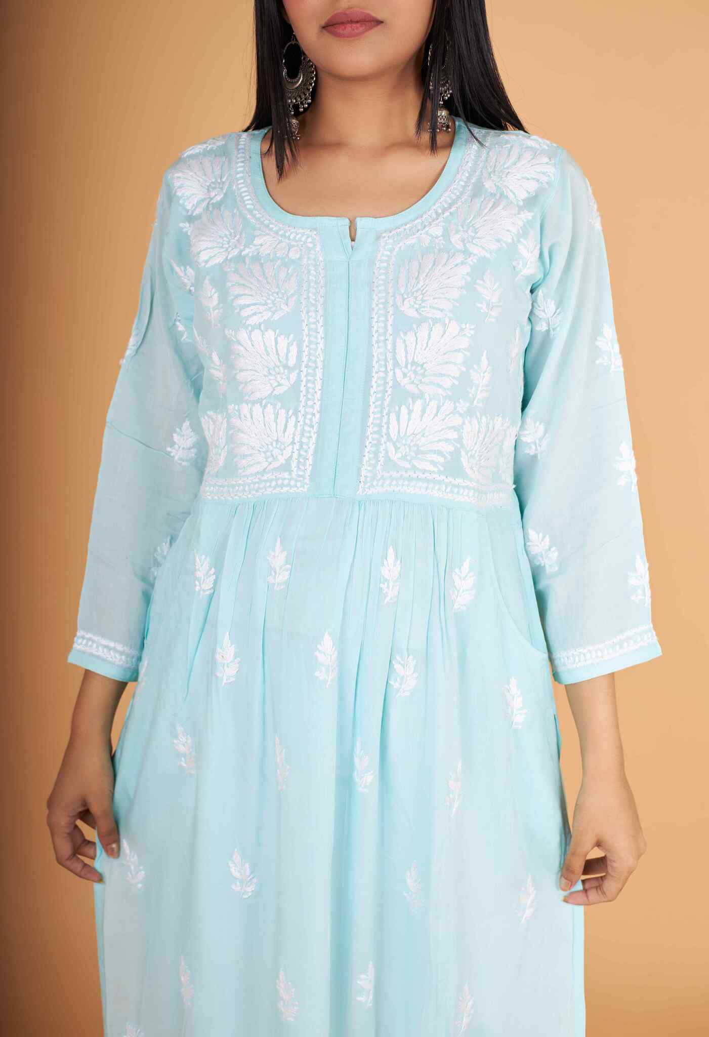 Arsh Handcrafted Sea Green Modal Chikankari Front Pocket Gown Dress - arshchikan