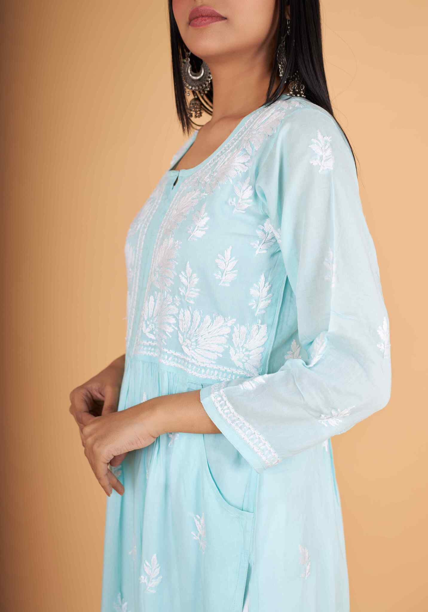 Arsh Handcrafted Sea Green Modal Chikankari Front Pocket Gown Dress - arshchikan