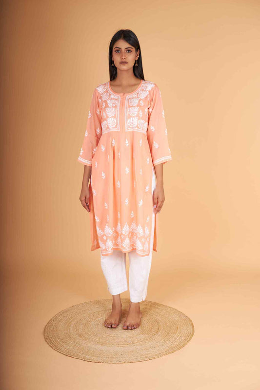 Arsh Handcrafted Salmon Orange Modal Chikankari Front Pocket Gown Dress - arshchikan