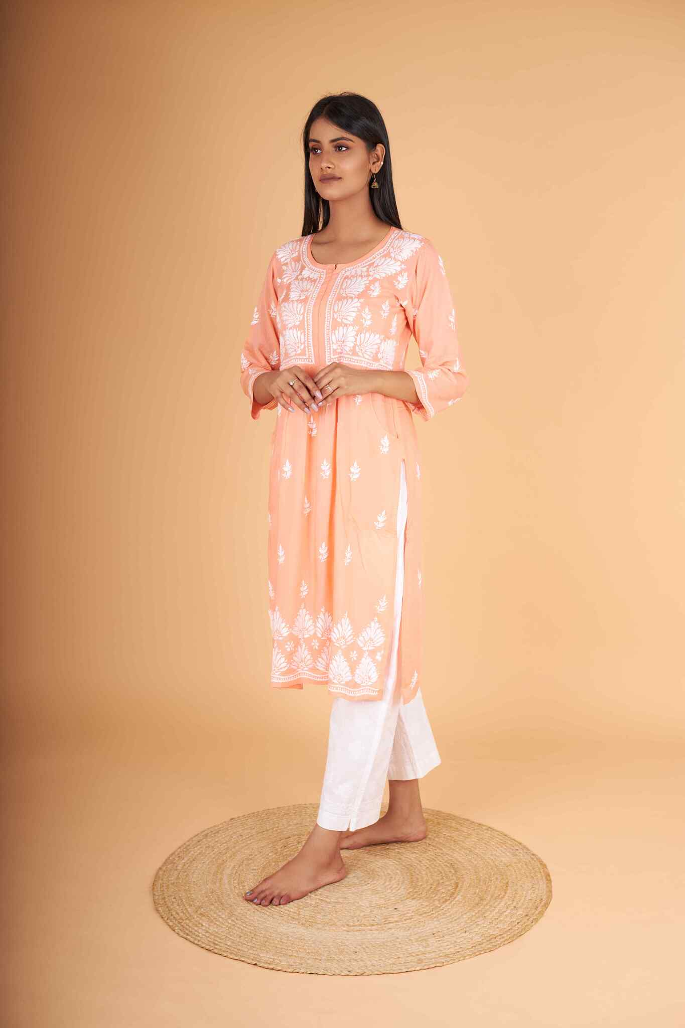 Arsh Handcrafted Salmon Orange Modal Chikankari Front Pocket Gown Dress - arshchikan